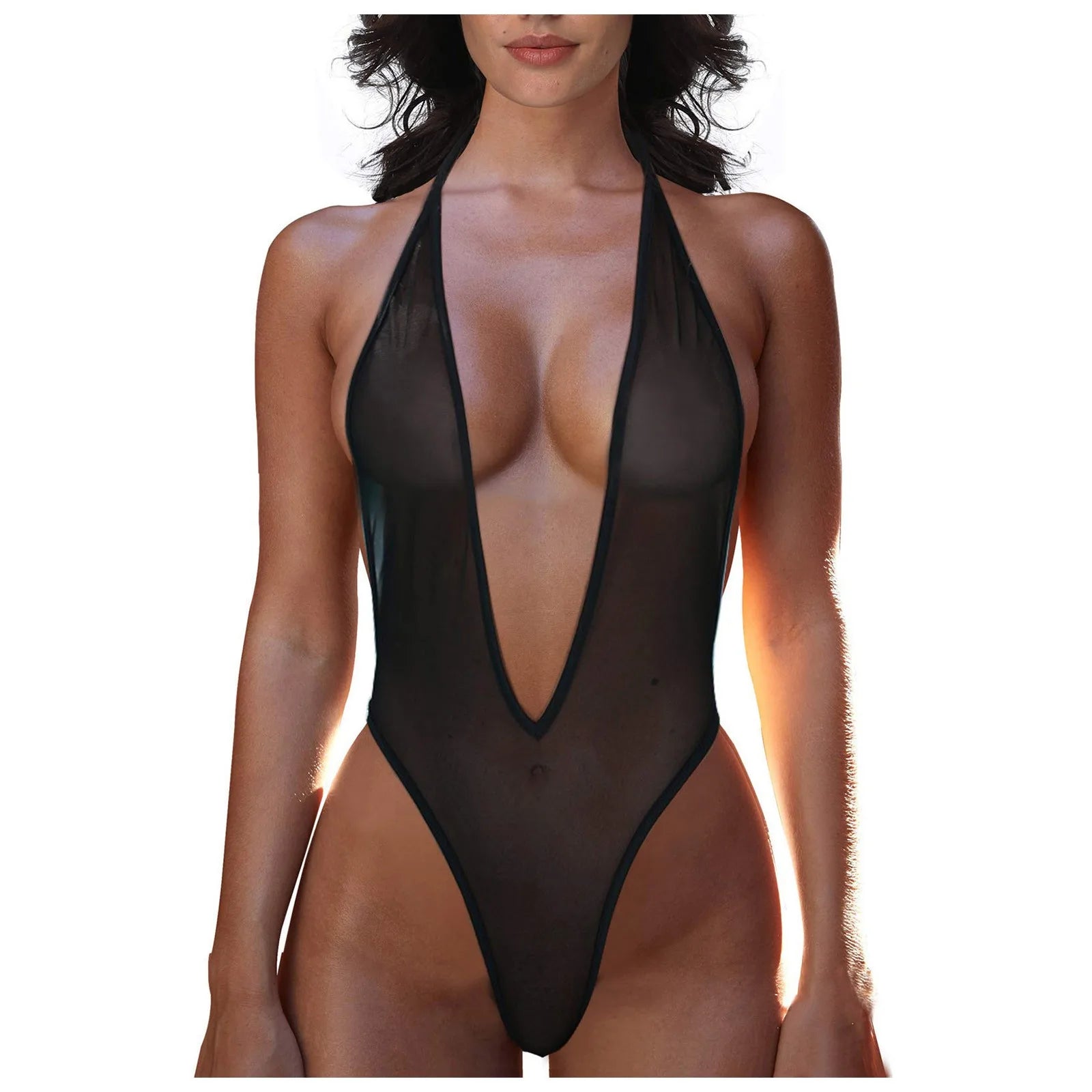 Sexy Women See through Monokini Lingerie Backless Swimsuit Halter Deep V Neck Bodysuit Sleepwear Beachwear Sexy Nightwear