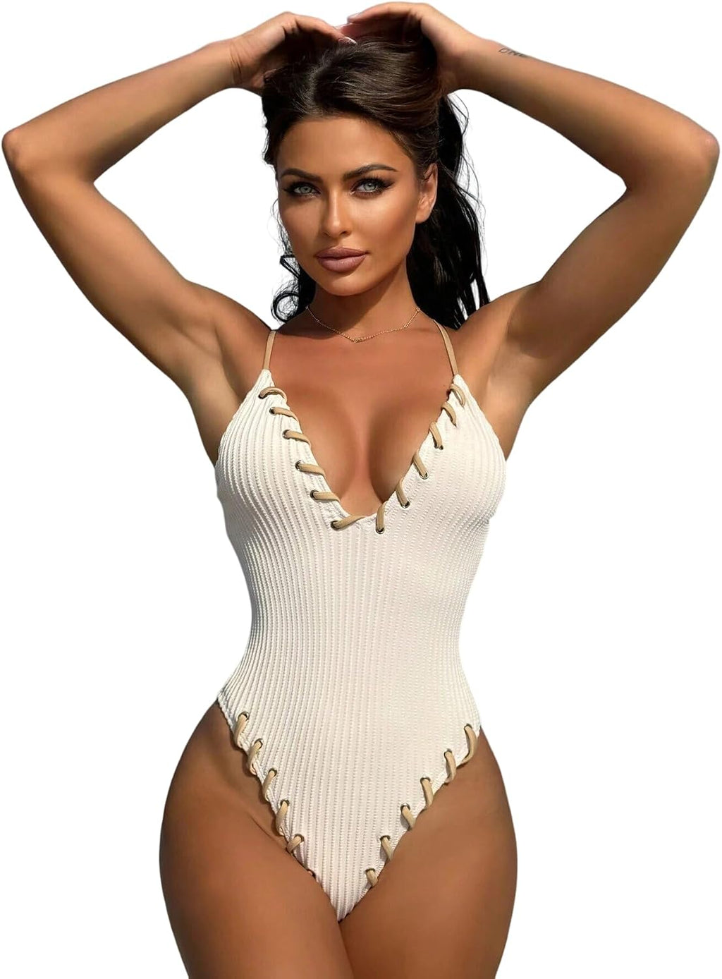 Women'S V Neck High Cut One Piece Swimsuit Ribbed Criss Cross Tie Back Bathing Suit Monokini