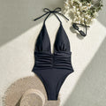 Sexy Deep V Neck Swimwear Women Black White Pleate Tummy Control One Piece Swimsuit 2025 Summer Bathing Suit Backless Monokini