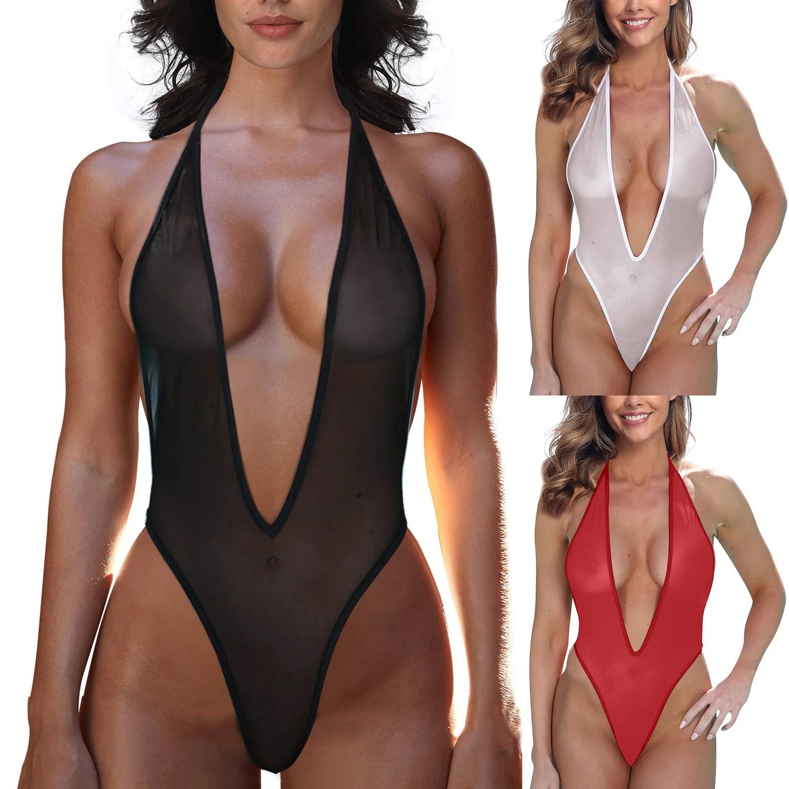 Sexy Women See through Monokini Lingerie Backless Swimsuit Halter Deep V Neck Bodysuit Sleepwear Beachwear Sexy Nightwear