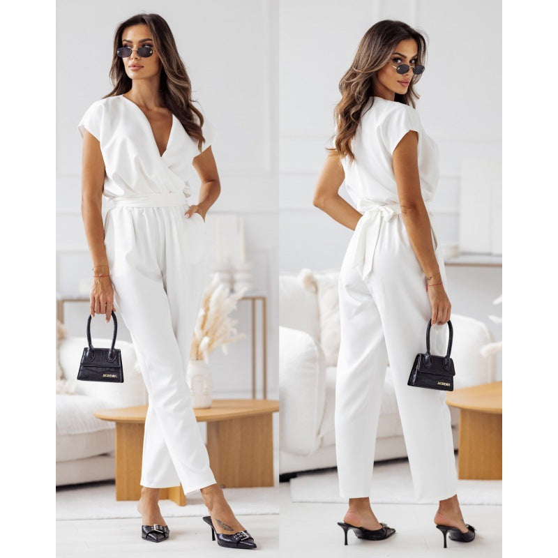 Fashion Solid Color Slimming Short-Sleeved Jumpsuit Summer Lace-Up Trousers Womens Clothing